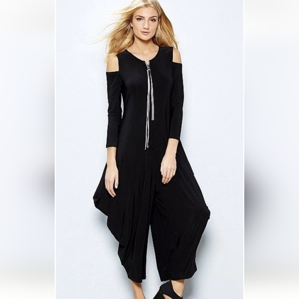Joseph Ribkoff Cold Shoulder Asymmetrical Black Jumpsuit
